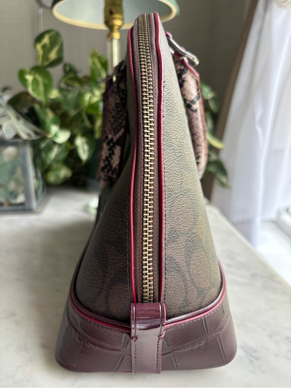 NWT Coach Sierra Burgundy and Brown Signature Dome Satchel with Mixed ExoticTrim - Picture 5 of 16